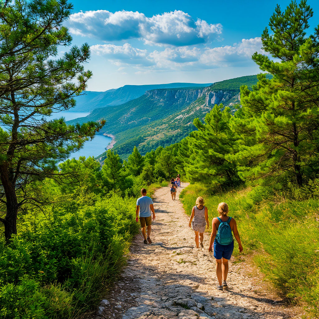 Туристы на тропе в горах в Крыму